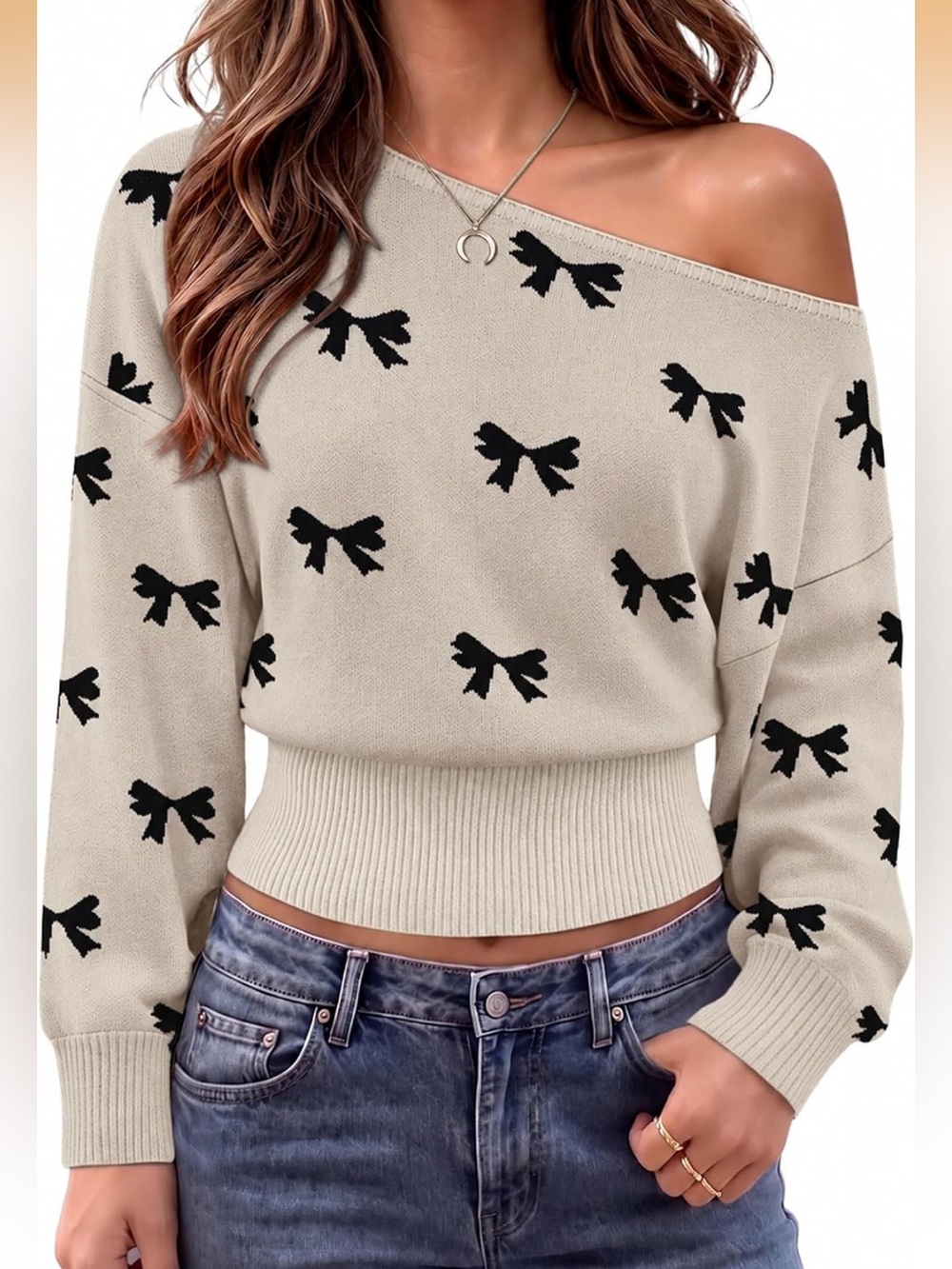 Off-Shoulder Bow Print Knit Sweater